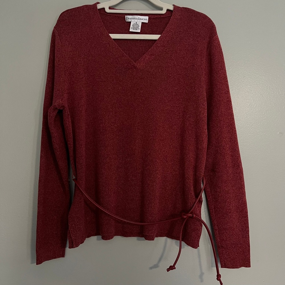 Drapers &‎ Damons Burgundy Silk Cotton Tie Waist Sweater S Romantic v neck